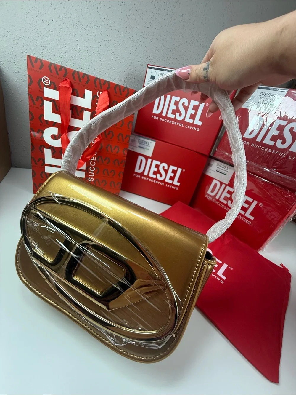 Diesel Metallic Gold Sculpted Logo Shoulder Bag